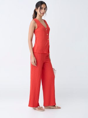 LOV Red Crinkle-Textured High-Rise Trousers