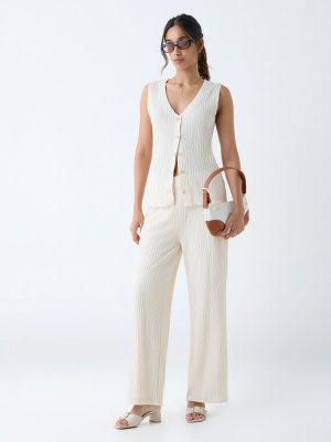 LOV Off-White Crinkle-Textured High-Rise Trousers