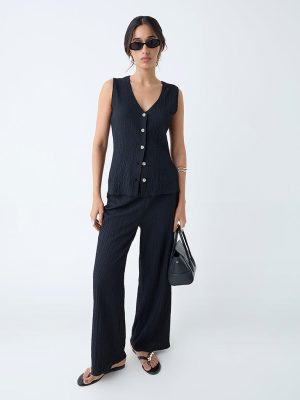 LOV Black Crinkle-Textured High-Rise Trousers