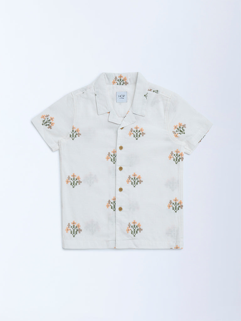 HOP Kids White Floral Embroidered Cotton Shirt - Image 3