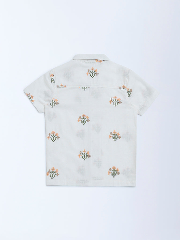 HOP Kids White Floral Embroidered Cotton Shirt - Image 4