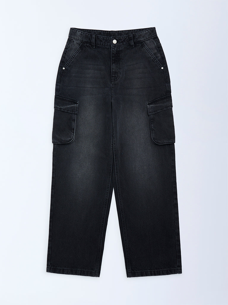 Y&F Kids Charcoal Washed Relaxed-Fit Mid-Rise Jeans