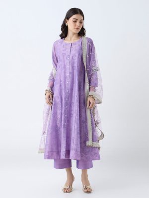 Vark Purple Floral Pattern Cotton Anarkali Ethnic Set