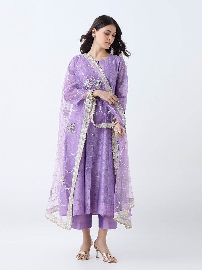 Vark Purple Floral Pattern Cotton Anarkali Ethnic Set - Image 2