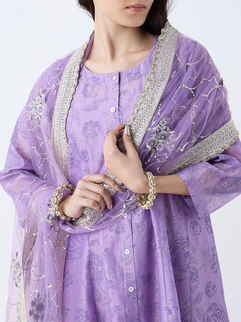Vark Purple Floral Pattern Cotton Anarkali Ethnic Set - Image 3