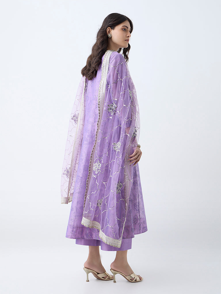 Vark Purple Floral Pattern Cotton Anarkali Ethnic Set - Image 4