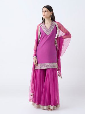 Vark Lilac Embroidered Straight Cotton-Blend Ethnic Set