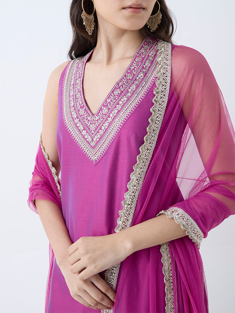 Vark Lilac Embroidered Straight Cotton-Blend Ethnic Set - Image 3