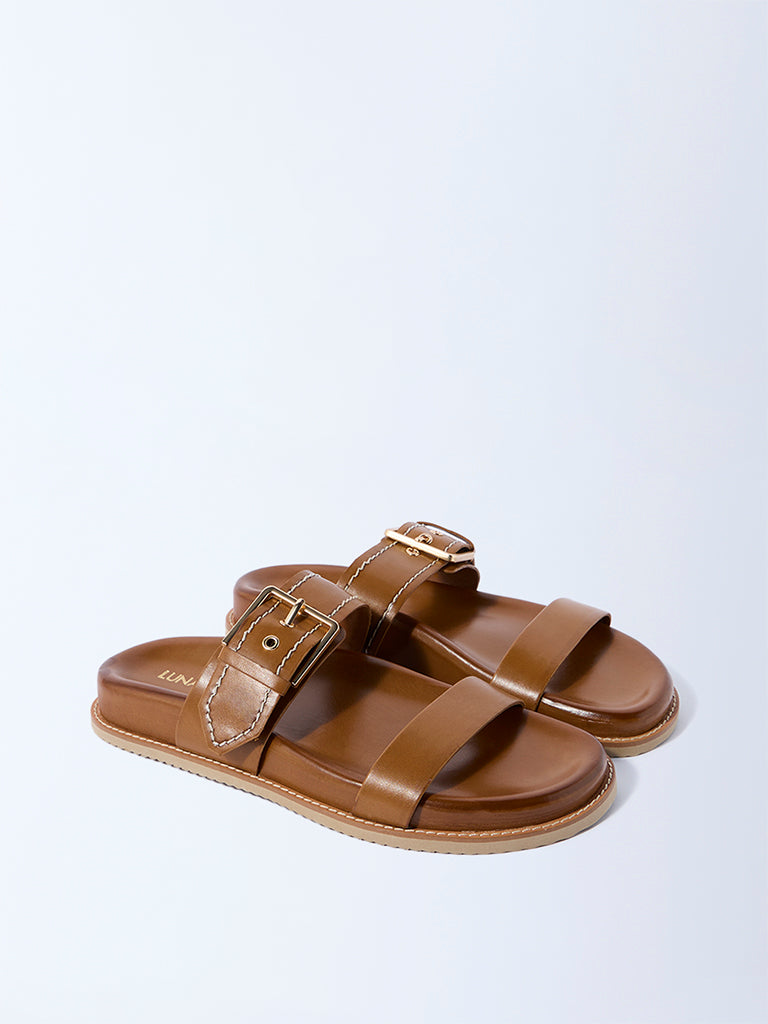 LUNA BLU Tan Dual-Strap Slip-On Sandals - Image 2