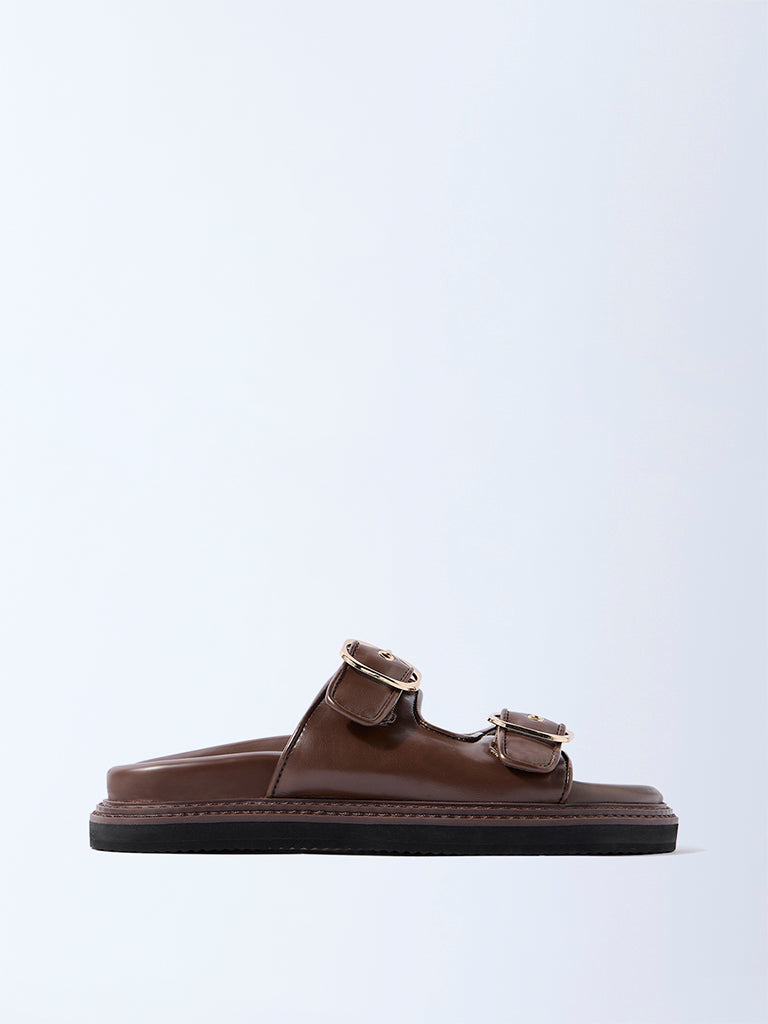 LUNA BLU Brown Dual-Strap Slip-On Sandals
