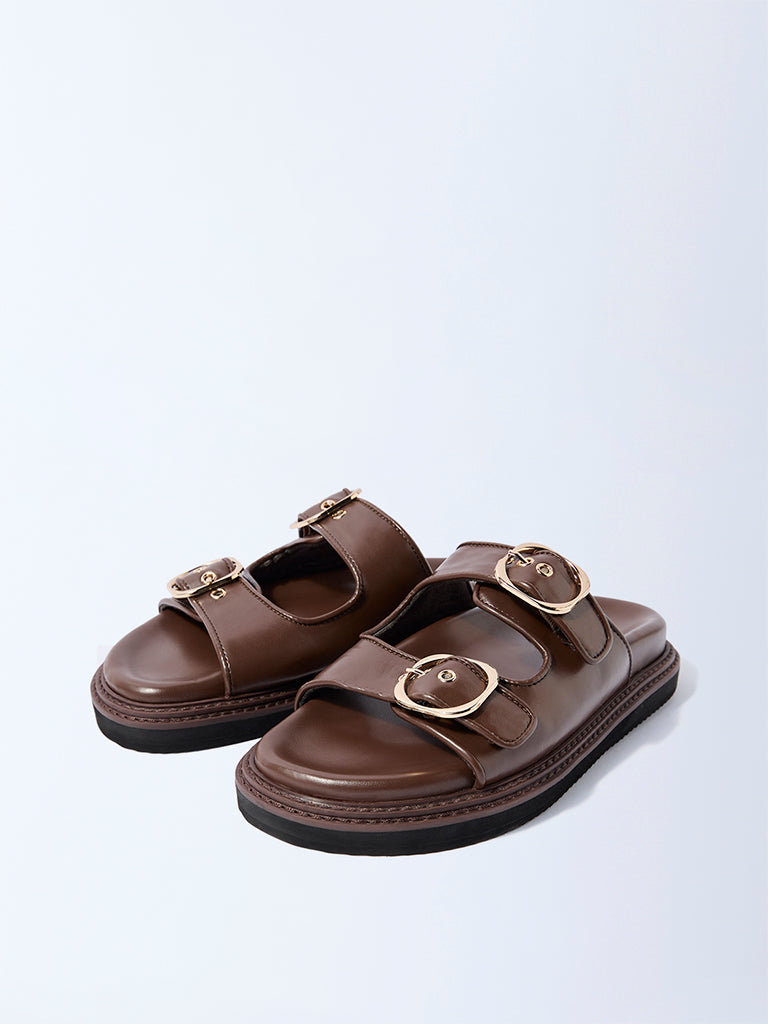LUNA BLU Brown Dual-Strap Slip-On Sandals - Image 2