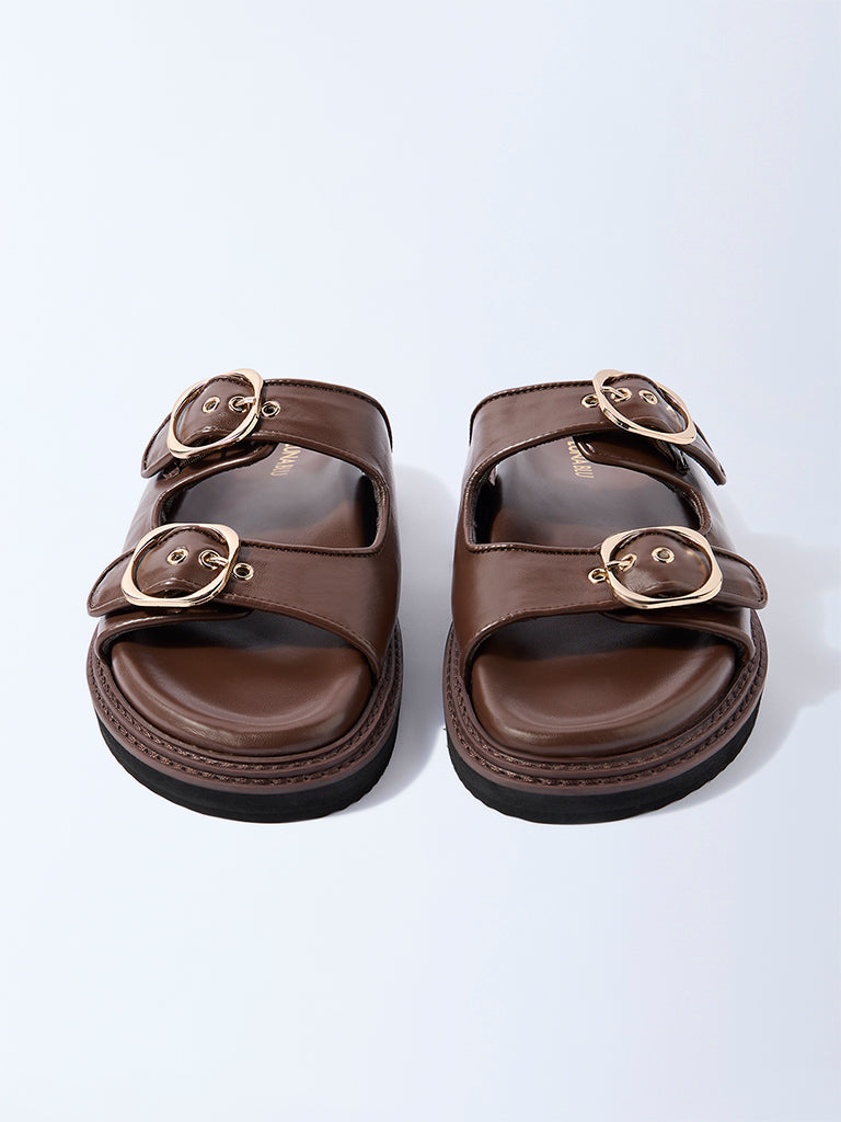 LUNA BLU Brown Dual-Strap Slip-On Sandals - Image 3