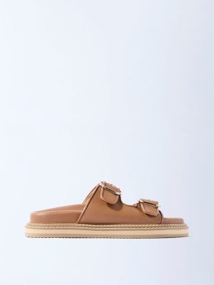 LUNA BLU Tan Buckle-Detail Slip-On Sandals