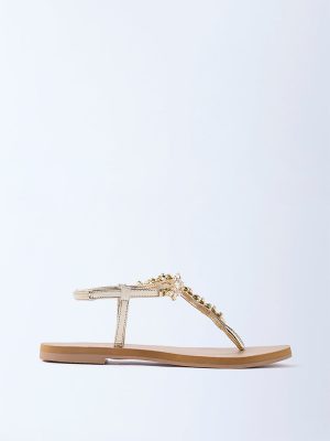 LUNA BLU Beige Floral Embellished Thong Strap Sandals