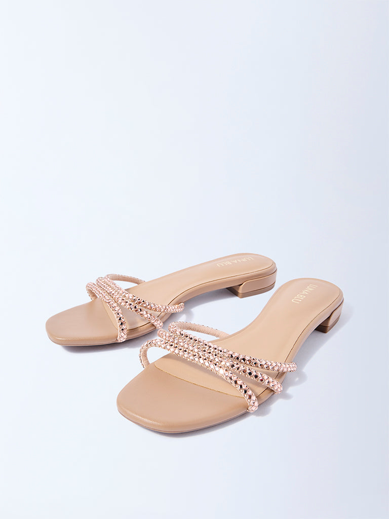 LUNA BLU Rose Gold Embellished Slip-On Sandals - Image 2