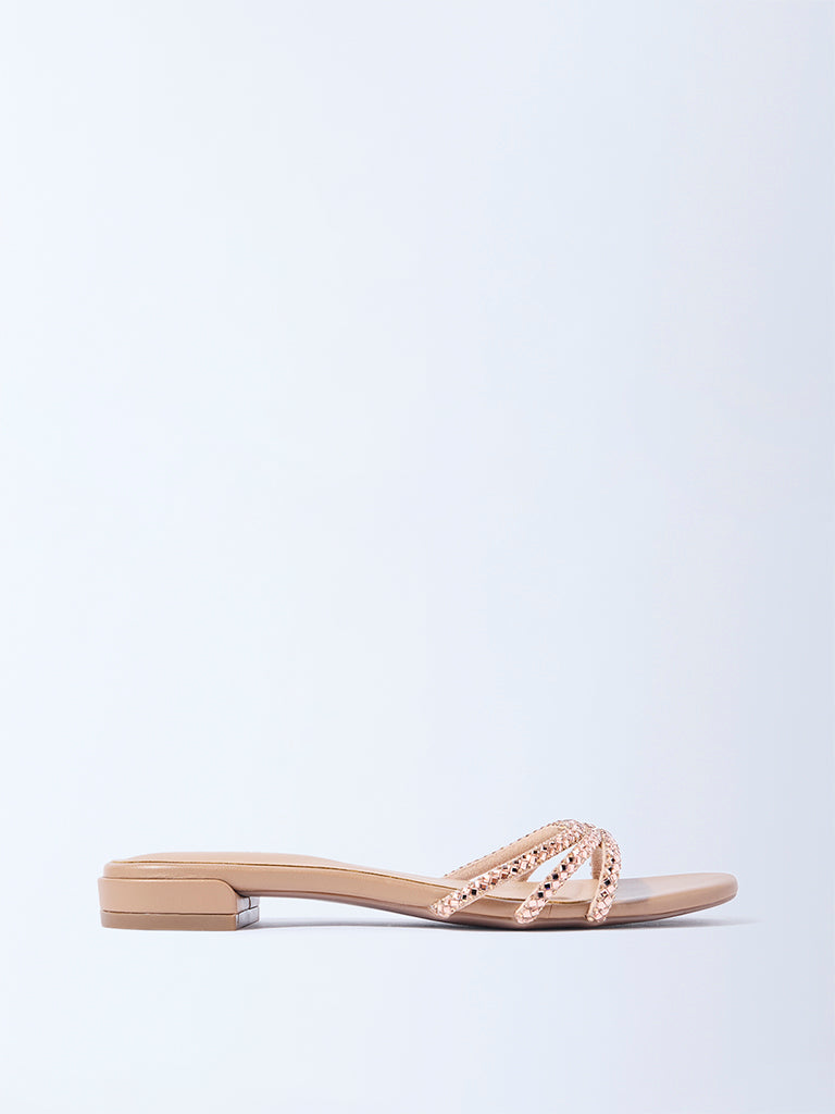 LUNA BLU Rose Gold Embellished Slip-On Sandals