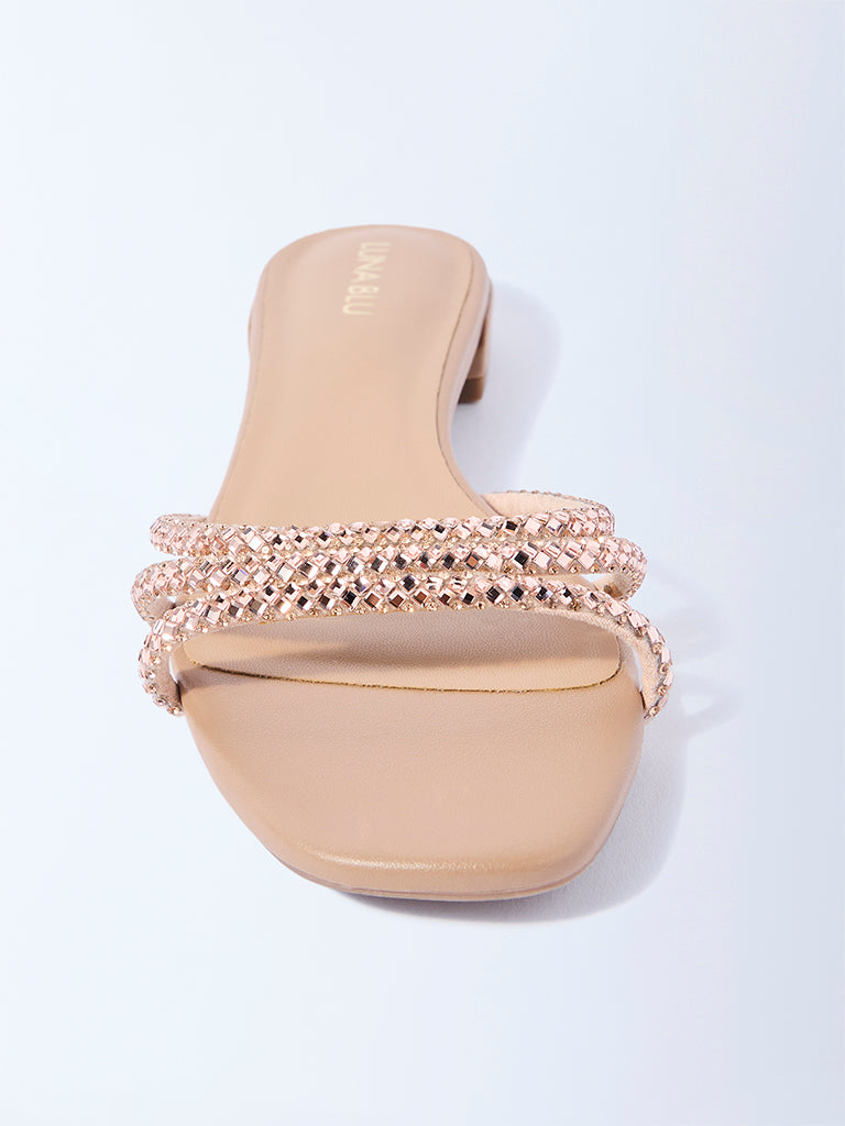 LUNA BLU Rose Gold Embellished Slip-On Sandals - Image 3