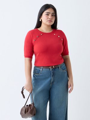 Gia Red Solid Knitted T-Shirt