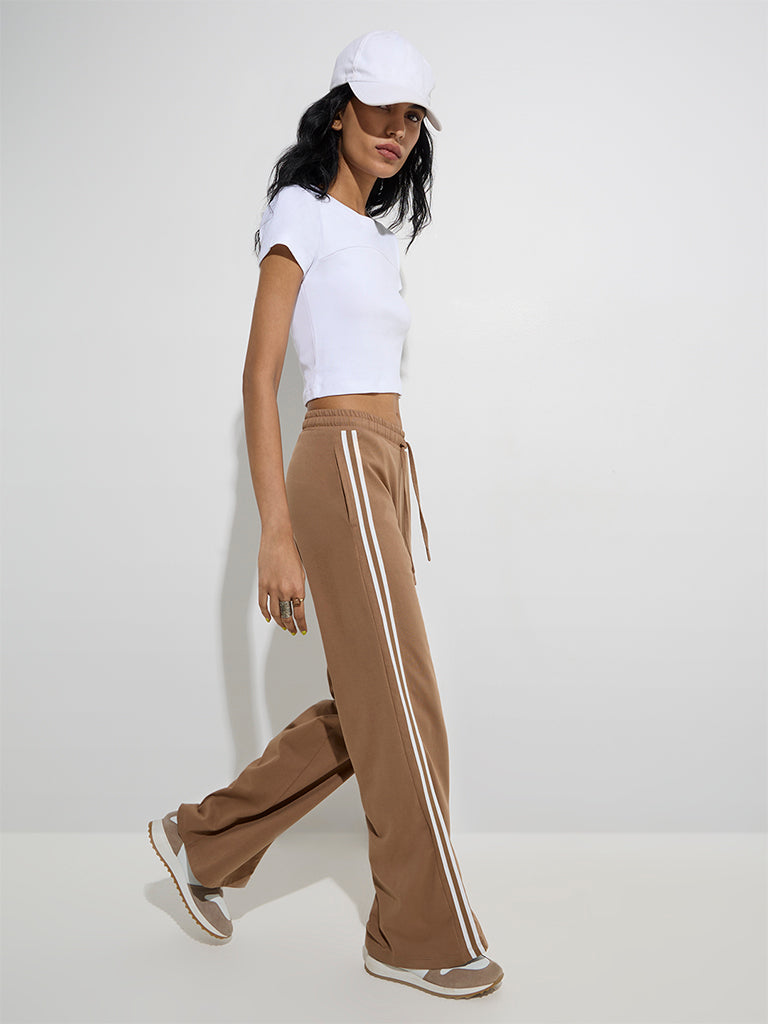 Studiofit Brown Striped Mid-Rise Cotton Track Pants