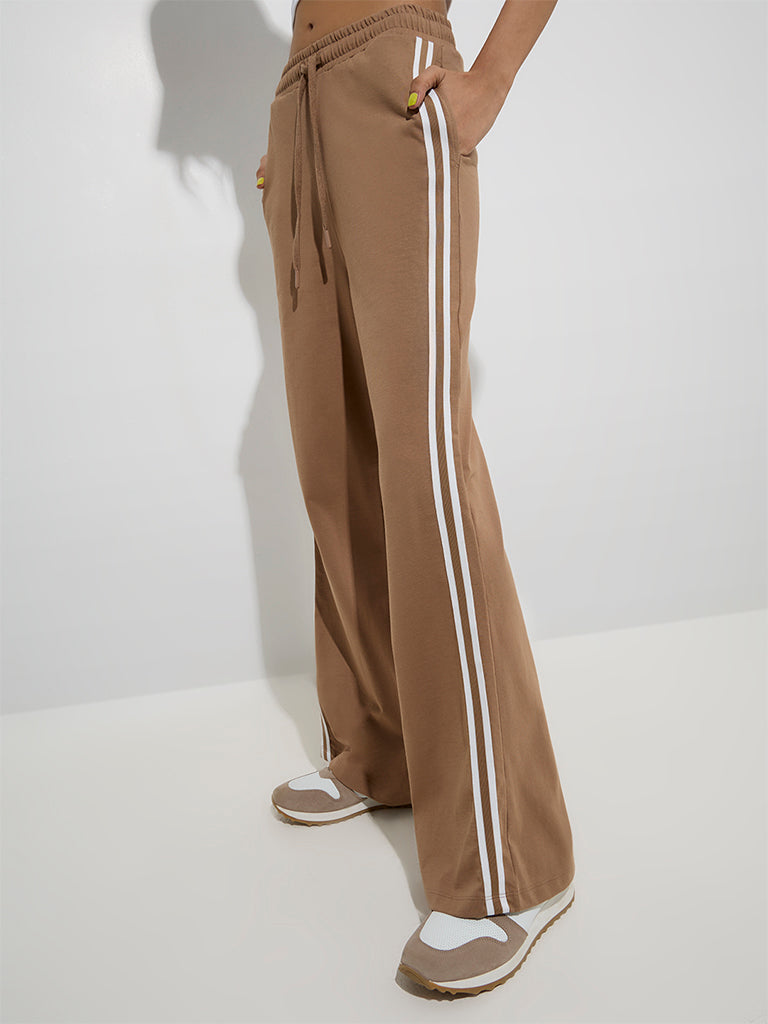 Studiofit Brown Striped Mid-Rise Cotton Track Pants - Image 2