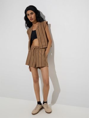 Studiofit Brown Stripe Pattern High-Rise Cotton Shorts