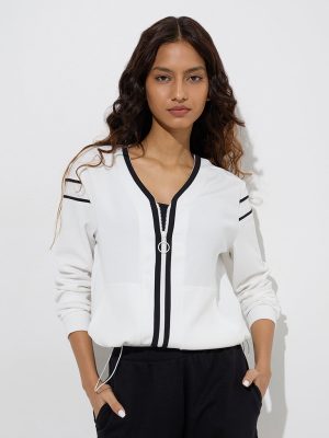 Studiofit White Ribbed Contrast-Detailed Jacket