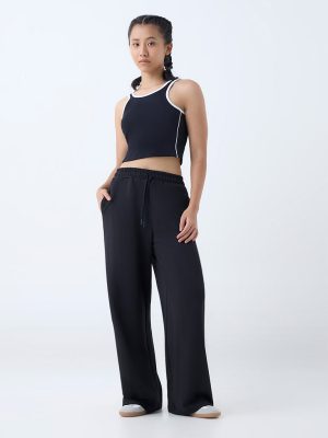 Studiofit Black Ribbed-Textured Cotton-Blend Tank Top