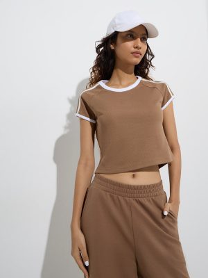 Studiofit Brown Ribbed Cotton-Blend T-Shirt