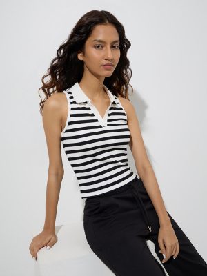 Studiofit White Stripe Printed Cotton-Blend Top
