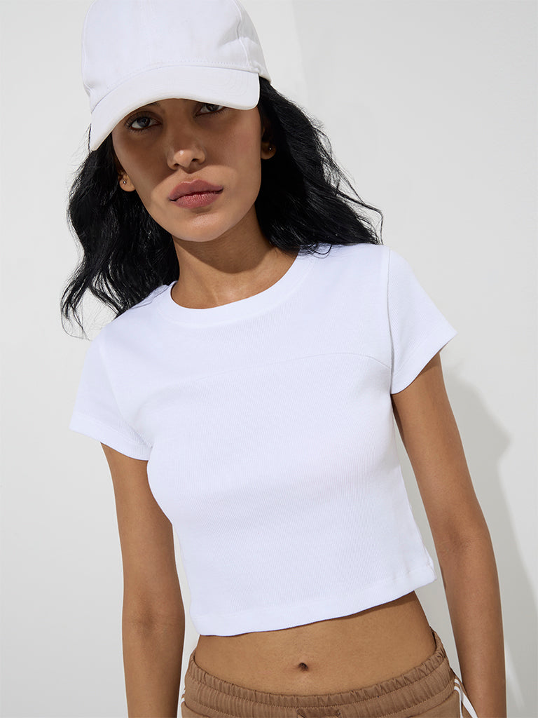 Studiofit White Ribbed-Textured Cotton-Blend T-Shirt - Image 3