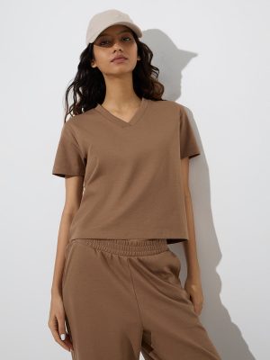 Studiofit Brown Cotton-Blend T-Shirt