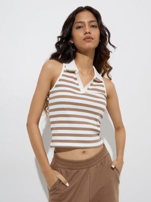 Studiofit Brown Stripe Printed Cotton-Blend Top