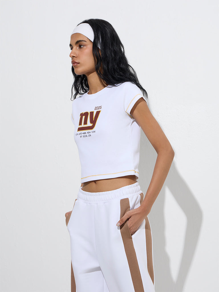 Studiofit White Typographic Ribbed Cotton-Blend T-Shirt - Image 2