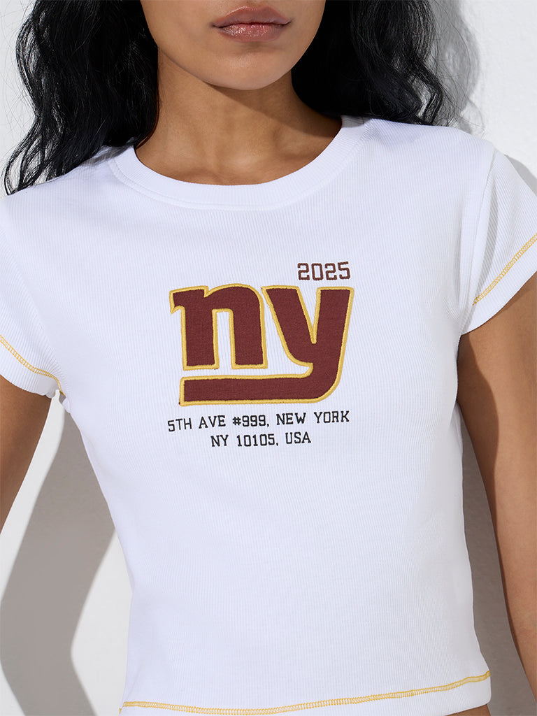 Studiofit White Typographic Ribbed Cotton-Blend T-Shirt - Image 3