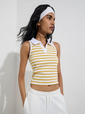 Studiofit Yellow Striped Cotton-Blend Top