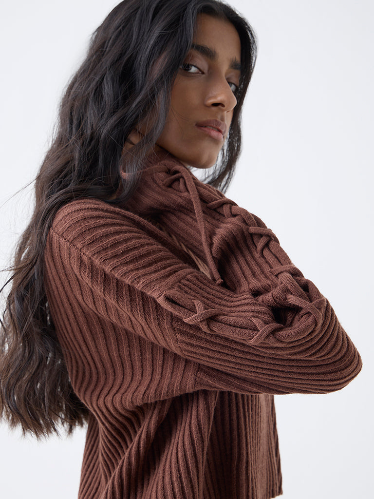 Nuon Brown Self-Striped Sweater - Image 3