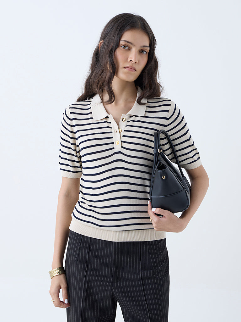 Wardrobe Beige Stripe Knitted Polo T-Shirt