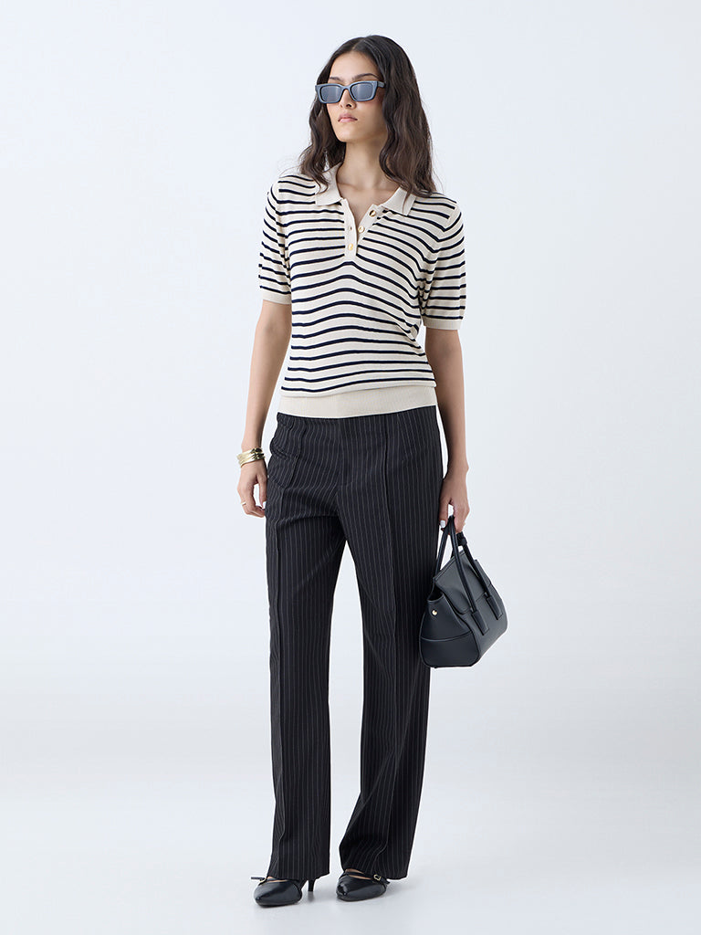 Wardrobe Beige Stripe Knitted Polo T-Shirt - Image 2