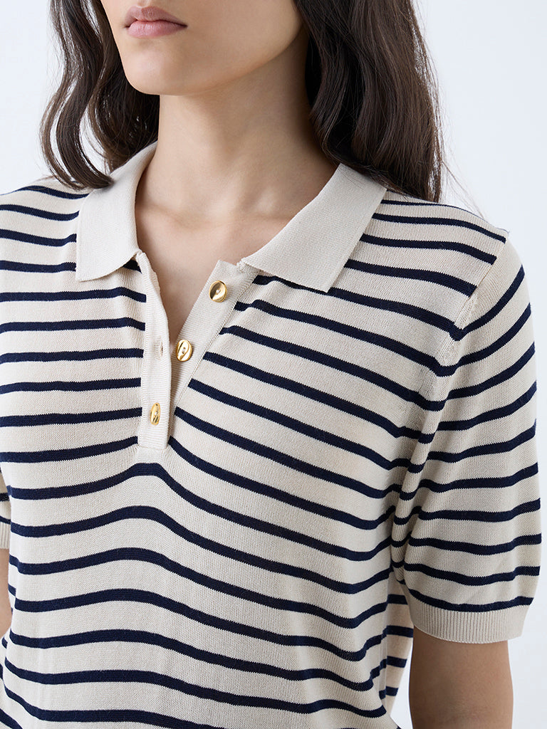 Wardrobe Beige Stripe Knitted Polo T-Shirt - Image 3