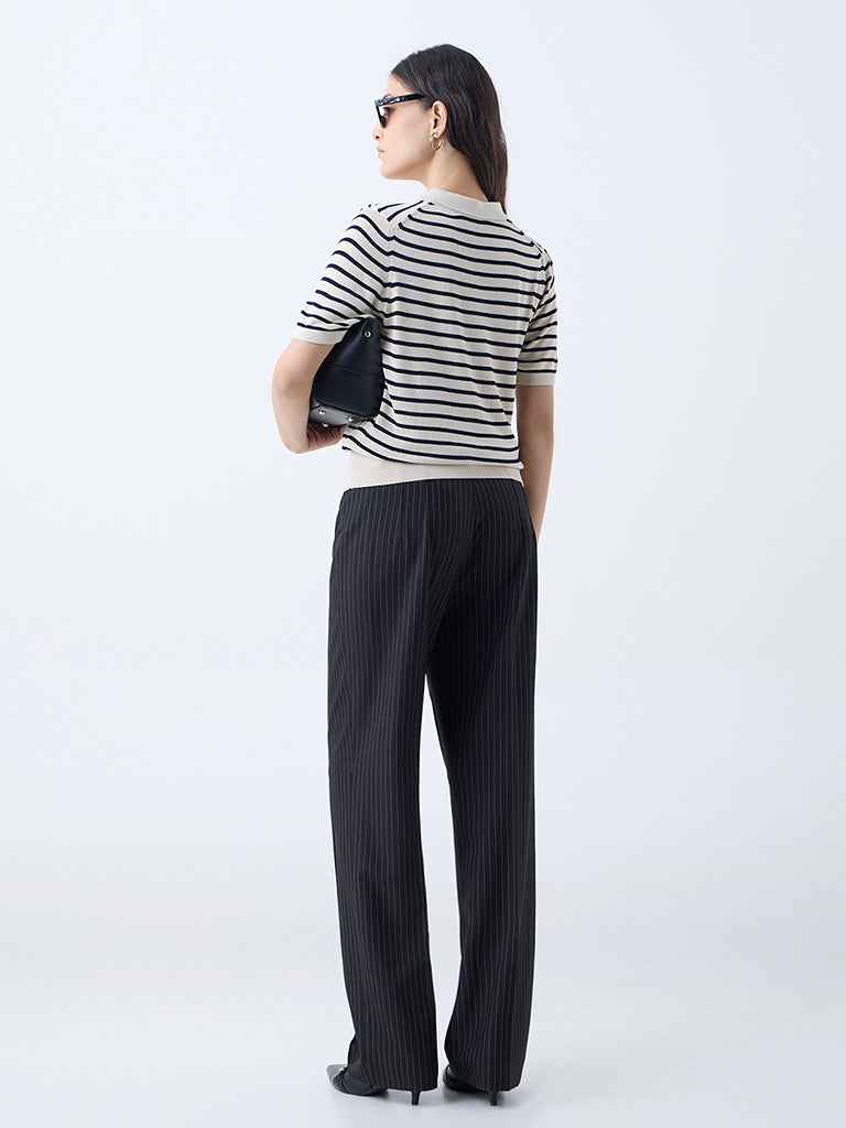 Wardrobe Beige Stripe Knitted Polo T-Shirt - Image 4