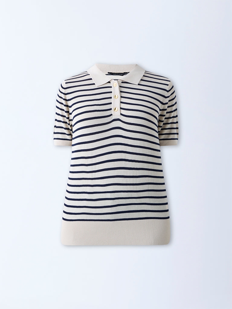 Wardrobe Beige Stripe Knitted Polo T-Shirt - Image 5