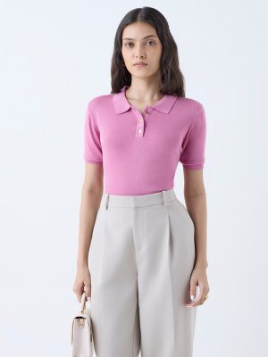 Wardrobe Pink Knit-Textured Polo T-Shirt