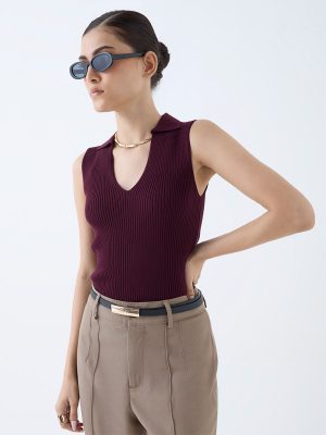 Wardrobe Wine Ribbed-Textured Top