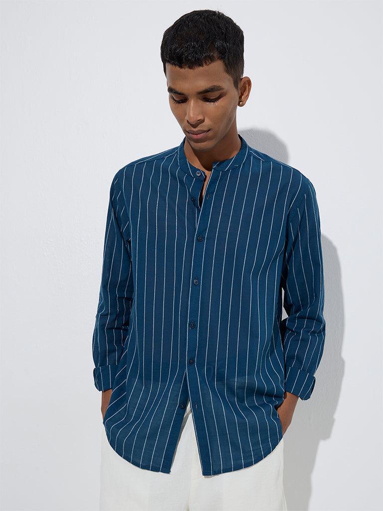 ETA Indigo Stripe Patterned Relaxed-Fit Cotton Shirt - Image 3