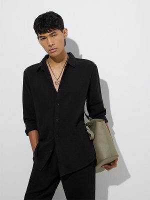 ETA Black Crinkle Textured Relaxed-Fit Cotton Shirt