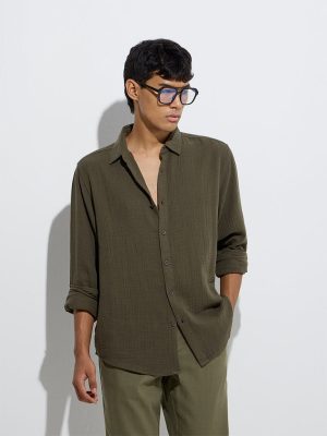 ETA Olive Crinkle Textured Relaxed-Fit Cotton Shirt