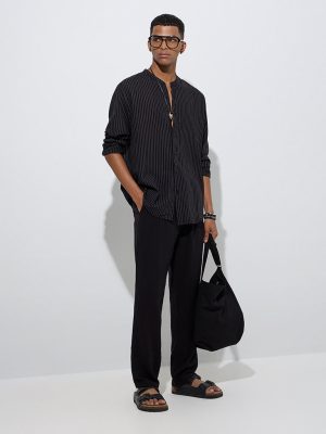 ETA Black Stripe Printed Relaxed-Fit Cotton Shirt