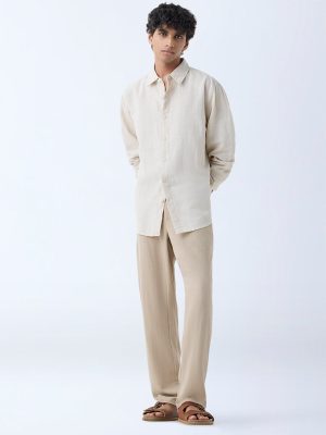 ETA Light Beige Self-Striped Relaxed-Fit Cotton Shirt