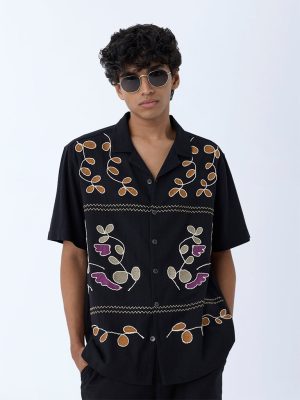 ETA Black Floral Embroidered Relaxed-Fit Cotton Shirt