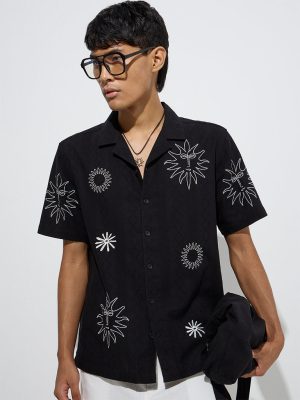 ETA Black Embroidered Relaxed-Fit Cotton Shirt